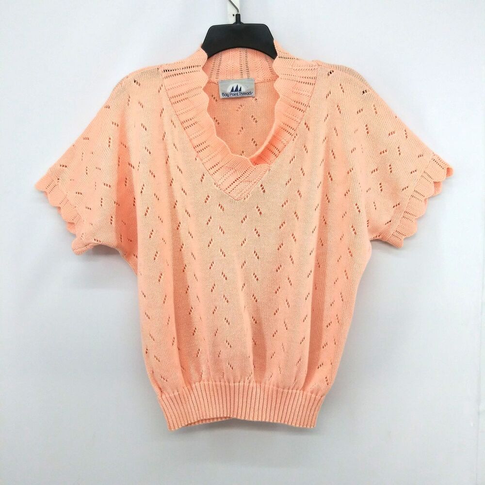 Bay Point Threads Sweater Womens Medium Coral Short Sleeve V Neck Open Knit Top